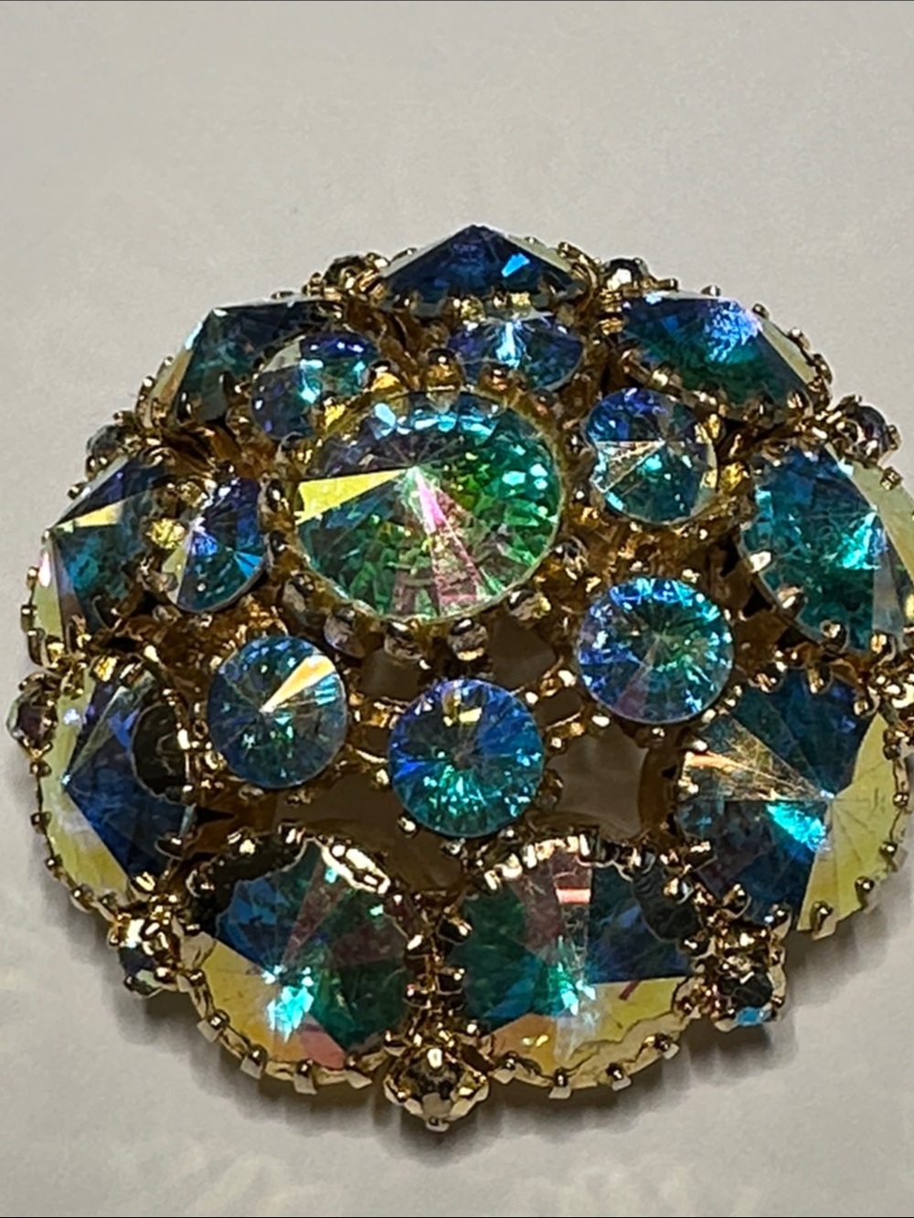 Gold-Plated Aurora Borealis Rivoli Crystal Rhinestone Sparkling Brooch - 1 5/8”